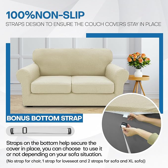 XINEAGE New 3 Pieces Couch Covers for 2 Extra Large Cushion Sofa Super Stretch Sofa Cover for 2 Large Seat Universal Loveseat Slip Cover for Living Room (Light Beige), 71"-91"(2 Cushions)