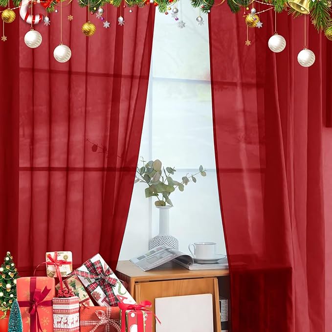 youleyar Solid Sheer Rod Pocket Curtain Voile Draperies 4 Panels White Beige Black Grey Ivory 52 Inch Width 84 Inch Long 1 Pair for Kitchen Bedroom Children Living Room Yard(Christmas Red,52 Wｘ84 L)