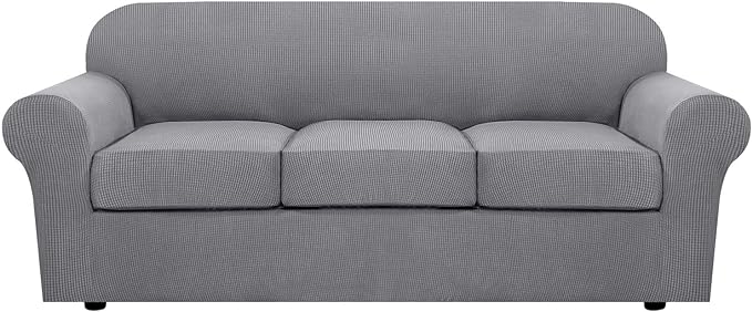 H.VERSAILTEX 4 Piece Stretch Sofa Covers for 3 Cushion Couch Covers for Living Room Furniture Slipcovers (Base Cover Plus 3 Seat Cushion Covers) Upgraded Thicker Jacquard Fabric (Sofa, Dove)