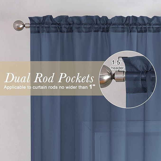 Lecloud Navy Blue Sheer Curtains 45 Inch Long 2 Panels, Short Voile Drapes for Dinning Small Windows, Light Filtering Voile Curtain for Living Room Bedroom Bathroom, Dual Rod Pocket, 40" Wx45 L