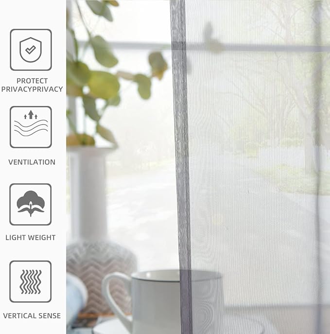 youleyar Solid Sheer Rod Pocket Curtain Voile Draperies 2 Panels White Beige Black Grey Coffee 52 Inch Width 45 Inch Long 1 Pair for Kitchen Bedroom Children Living Room Yard(Grey,52Wｘ45L)