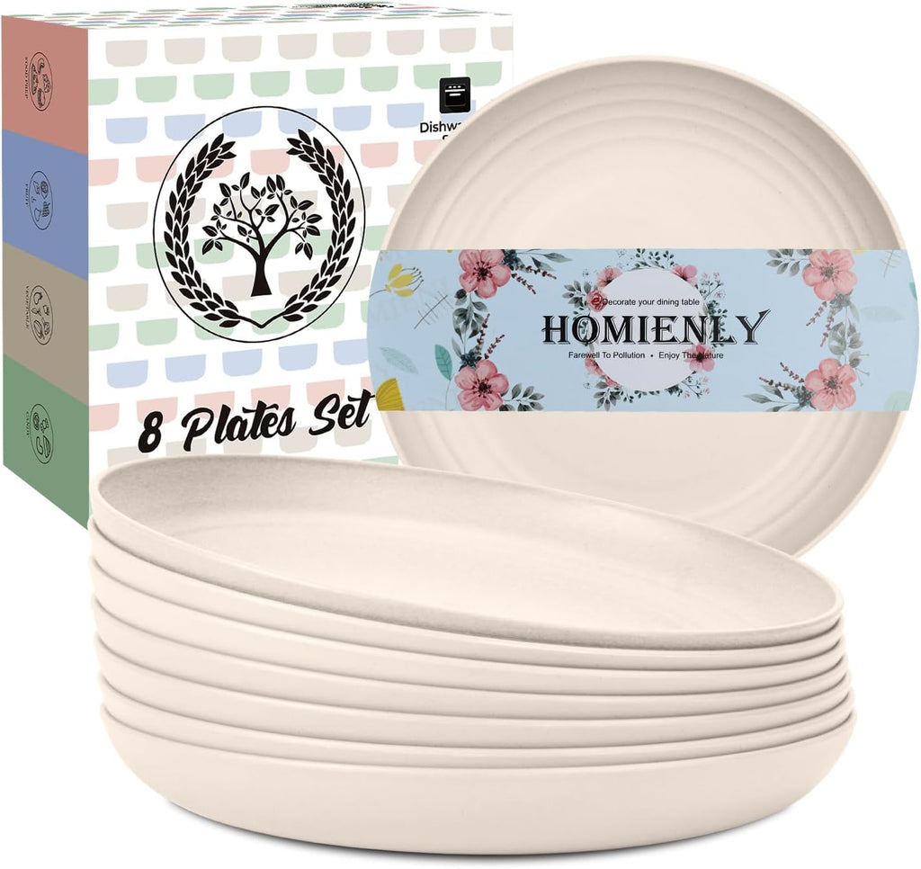 Homienly Wheat Straw Plates 8 PCS Unbreakable Dinner Plates - 10 inch Dishwasher & Microwave Safe Plastic Plates Reusable Lightweight Roud Plates, Plates for Kitchen, Dinner, Outdoor,Picnic (Beige)