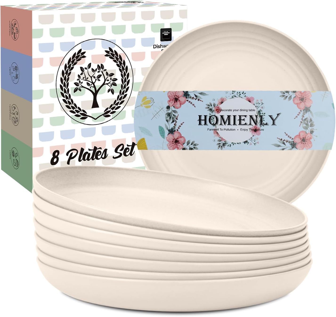 Homienly Wheat Straw Plates 8 PCS Unbreakable Dinner Plates - 10 inch Dishwasher & Microwave Safe Plastic Plates Reusable Lightweight Roud Plates, Plates for Kitchen, Dinner, Outdoor,Picnic (Beige)