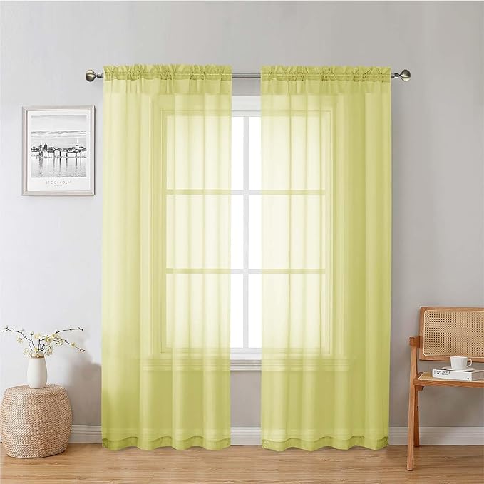 Lecloud Lemon Sheer Curtains 72 Inches Long 2 Panels, Solid Voile Rustic Window Curtains for Bedroom Dining Room, Light Filtering Rod Pockets Living Room Decor Drapes, Each Panel 42" W x 72" L
