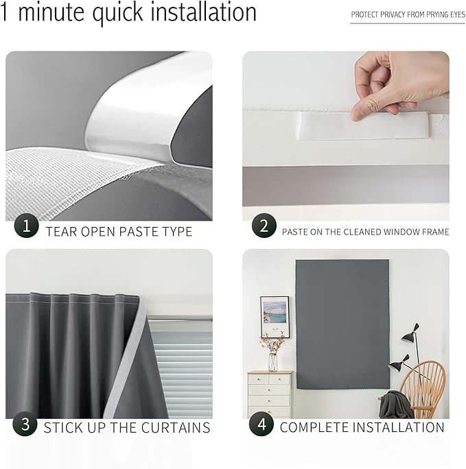 Magic Tape Stick On Curtains Window Shades Pull Down Blackout Window Cover Blackout Curtains for Bedroom No Drillng Self Adhesive Curtains No Rod Small Curtain, 47" W X 79" L, Grey, 1 Panel