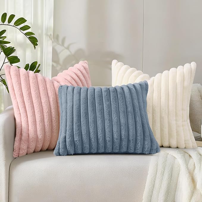 decorUhome Summer Cozy Faux Fur Throw Pillow Covers 20x20 Set of 2 Decorative Soft Plush Striped Modern Farmhouse Boho Couch Pillow Cases with Velvet Back for Sofa Bed Living Room, Pink