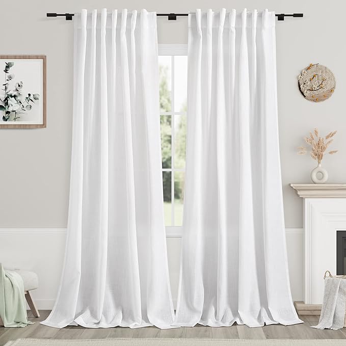 Nanspring White Linen Curtains for Living Room 114 Inches Long Extra Long Back Tab Curtains Farmhouse Light Filtering Semi Sheer Linen Drapes Ceiling to Floor for Large Window 2 Panels Set 52x114