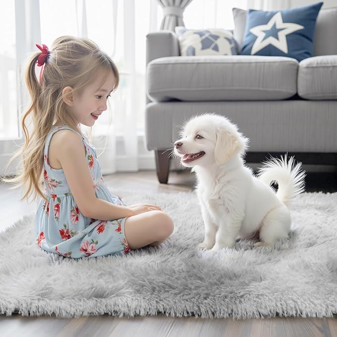 8x10 Area Rugs for Living Room Bedroom, Large Area Rug Shag Shaggy Carpet Soft Plush Furry Bedside Rug, Rugs for Home Decor (Light Grey Tie-Dyed, 8x10 Feet)