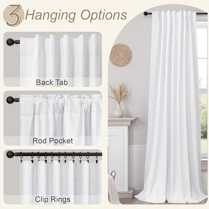 Custom Made Curtains 104 Inches Long 2 Panels Set 100 Percent Blackout Curtain Linen Textured Traverse Light Blocking Drapes for 103 Inch Window Living Room Darkening Nursery 104 Length Back Tab White