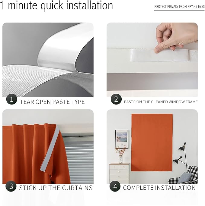 Self Adhesive Curtains Portable Blackout Curtain Simple and Easy to Install Bedroom Window Thermal Lnsulated Kitchen Room Darkening Black Small Drapes, 47" W X 96" L, Orange, 1 Panel