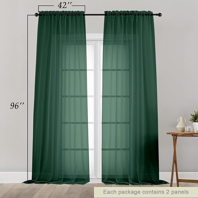 Hunter Green Sheer Curtains for Bedroom Living Room 96 Inches Long 2 Panels, Modern Airy Soft Lightweight Rod Pocket Light Filtering Sheer Curtains Drapes, Hunter Green, Each 42"Wx96"L Inch