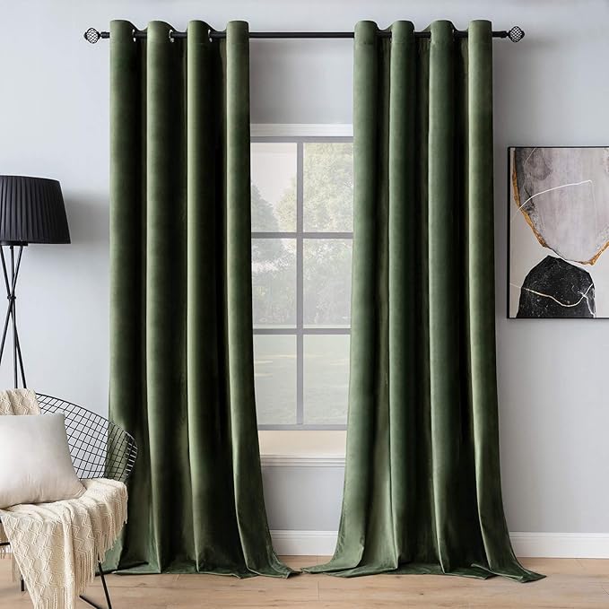 MIULEE Velvet Curtains Olive Green Elegant Grommet Curtains Thermal Insulated Soundproof Room Darkening Drapes for Classical Living Room Bedroom Decor 52 x 72 Inch Set of 2