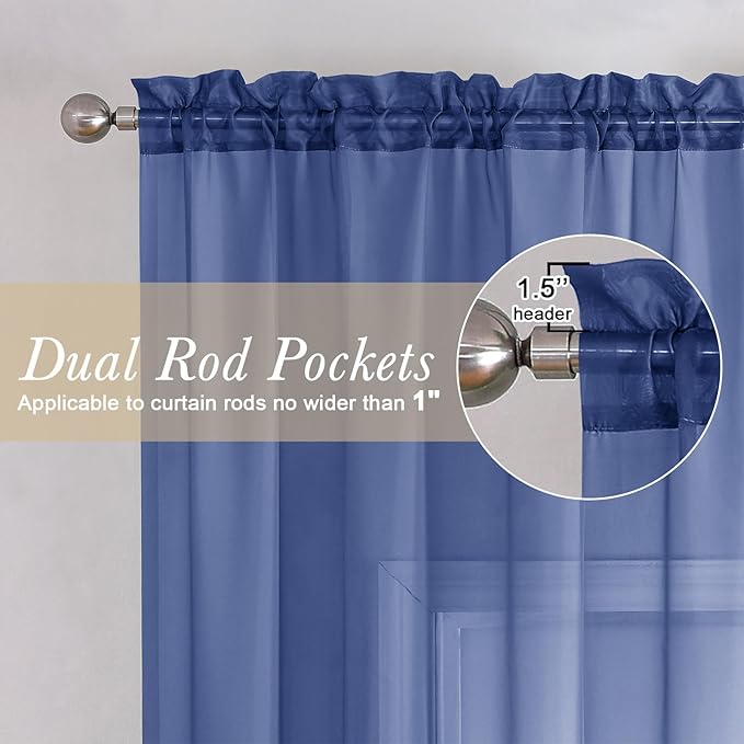 Lecloud Royal Blue Sheer Curtains 63 Inch Length 2 Panels Set, Voile Solid Window Curtains for Bedroom Light Filtering Living Room Curtain Drapes with Rod Pocket, Each Panel 42 X 63 Inch