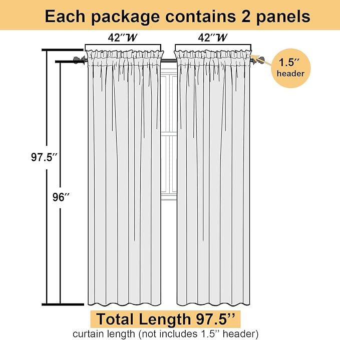 Lecloud Gold Sheer Curtains 96 Inches Long 2 Panels, Breathable Solid Voile Light Filtering Curtain, Lightweight Home Decor Drapes with Rod Pocket for Bedroom Dining Room, Each 42" W x 96" L