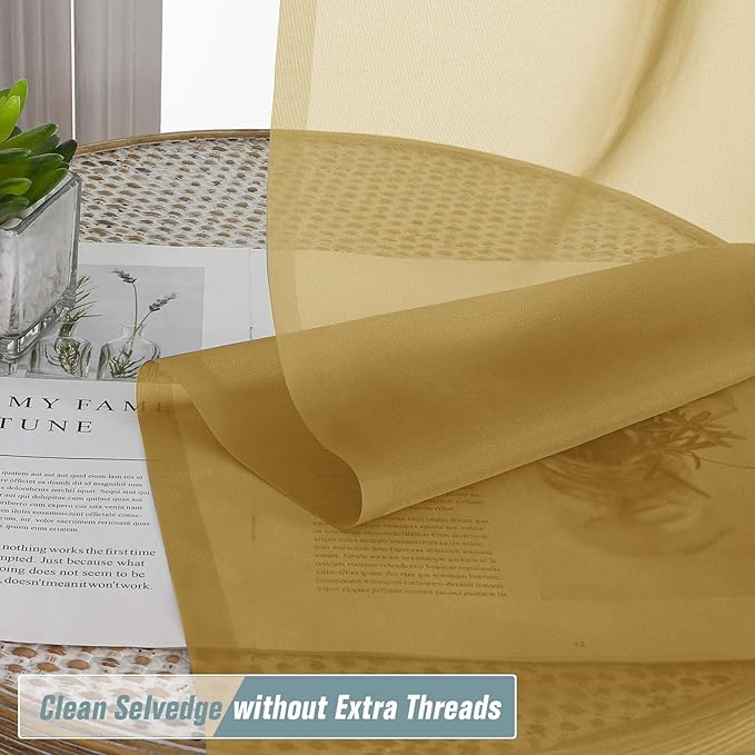 Gold Sheer Curtains 84 Inches Long 2 Panels, Elegant Airy Transparent Light Filtering Window Curtains, Window Drapes for Living Room Bedroom, Top Dual Rod Pocket Design, 2x42Wx84L Inches