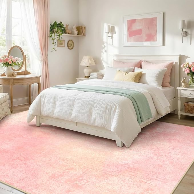 Washable Area Rugs 9'x12' Non-Slip Modern Abstract Soft for Living Room Entryway Bedroom Nursery, Print Pattern, Light Pink