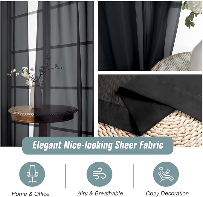 Black Window Sheer Curtains 54 inch Length, Soft Airy Light Filtering Sheer Curtain 2 Panels Set, Dual Rod Pocket Gauze Black Drapes for Living Room Bedroom, 2x42Wx54L Inches