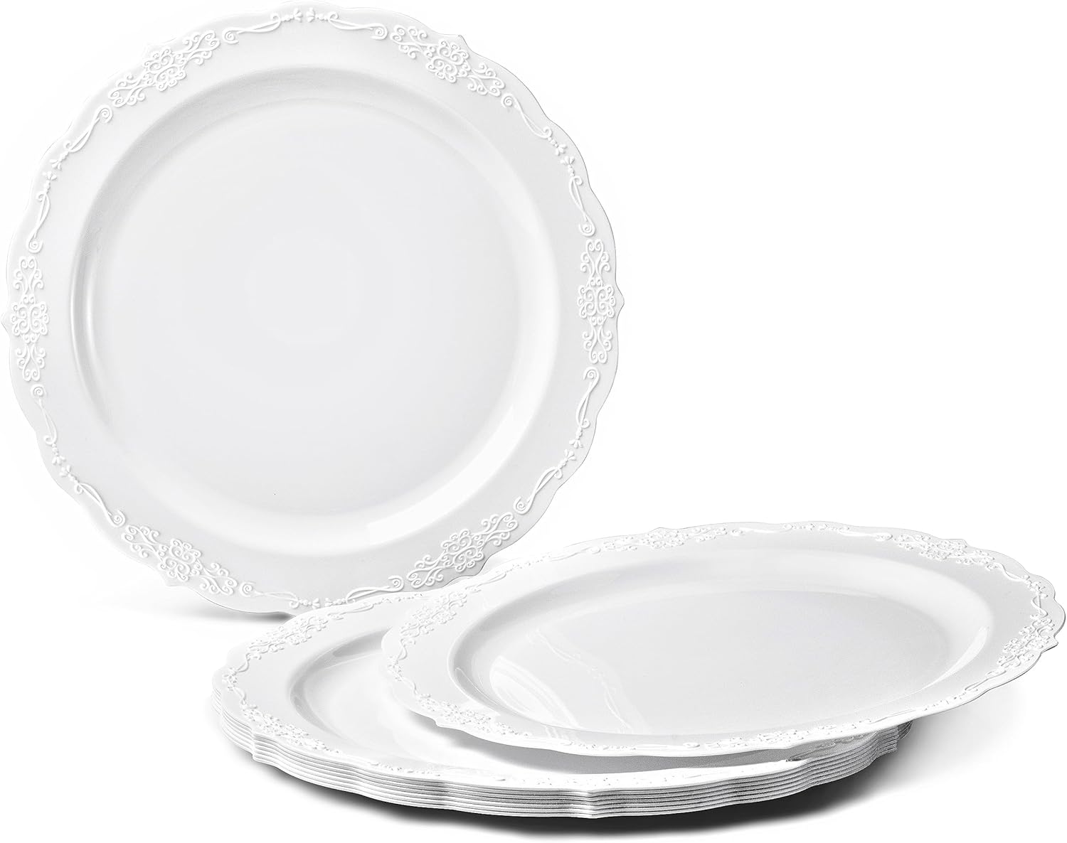 " OCCASIONS " 240 Plates Pack,(120 Guests) Vintage Wedding Party Disposable Plastic Plates Set -120 x 10'' Dinner + 120 x 7.5'' Salad/Dessert (Verona Plain White)