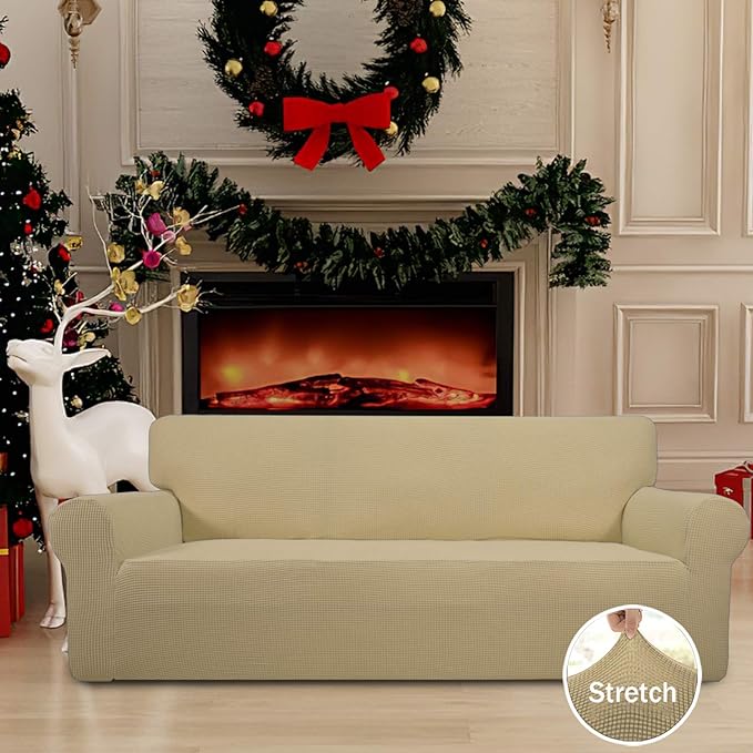 Easy-Going Stretch Oversized Sofa Slipcover 1-Piece Sofa Cover Furniture Protector Couch Soft with Elastic Bottom for Kids, Polyester Spandex Jacquard Fabric Small Checks Beige