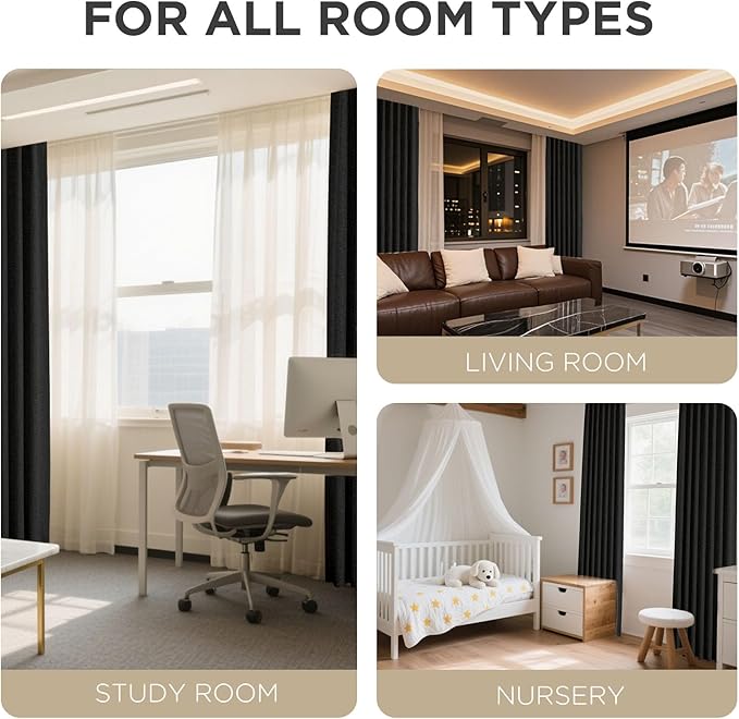 Joydeco Blackout Curtains for Bedroom - 100% Light Blocking 2 Panels Set Black Drapes 37" W x 63" L, Thermal Insulated Room Darkening Curtains, Linen Textured for Living Room, Rod Pocket & Back Tabs