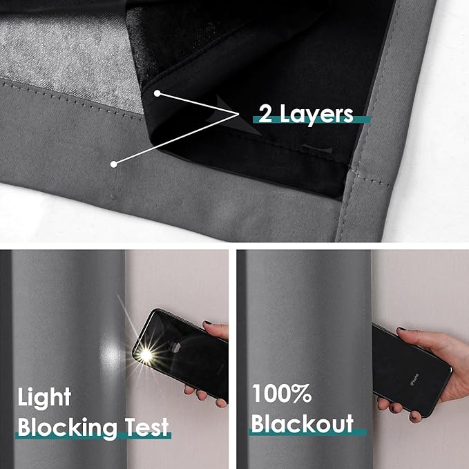 ChrisDowa 100% Blackout Curtains for Bedroom with Black Liner, 2 Thick Layers Total Blackout Thermal Insulated Grommet Window Curtains 2 Panels Set (Grey, 52 x 54 Inch)