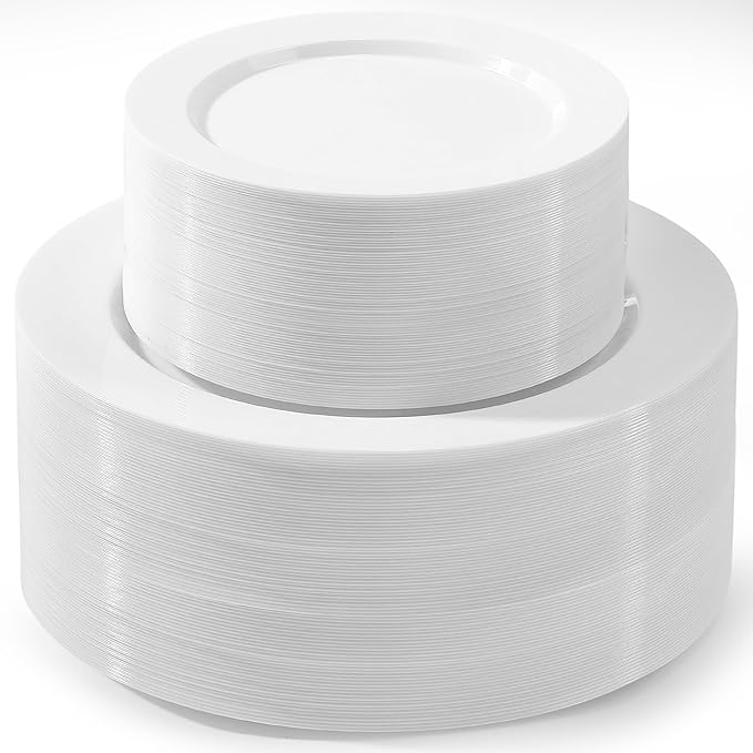 200 PCS White Plastic Plates, Plastic White Plates Disposable Include 100 Dinner Plate and 100 Dessert Plate Perfect for Christmas Party, Holiday, Wedding