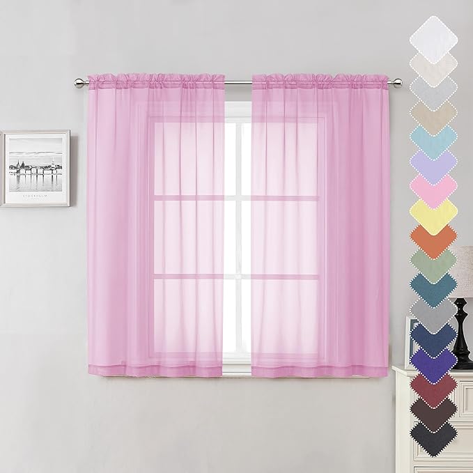 Lecloud Light Pink Sheer Curtains 54 Inch Length 2 Panels, Voile Airy Drapes for Bedroom Windows, Light Filtering Elegant Tulle Curtains Dual Rod Pocket, Each Panel 42 X 54 Inch