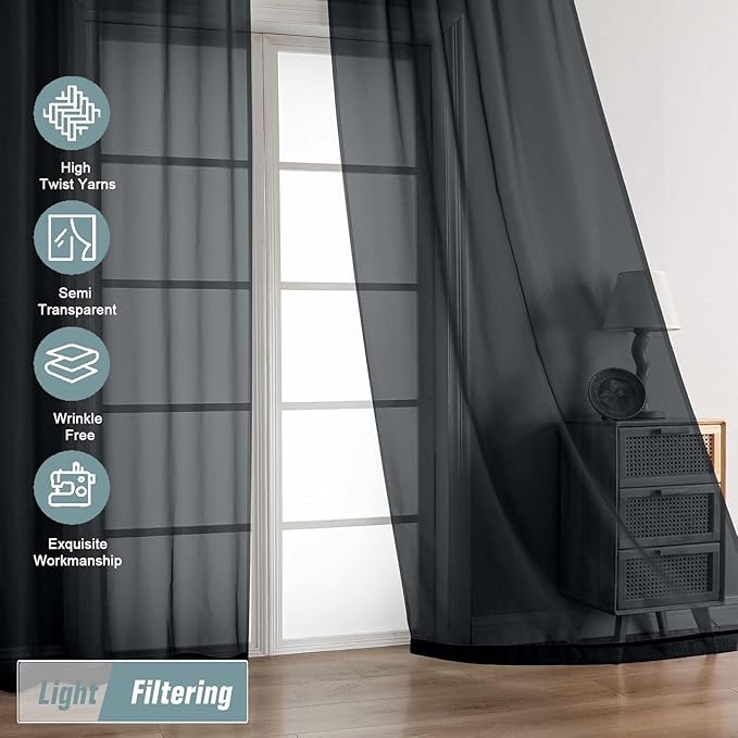 Halloween Black Sheer Curtains 63 Inch Length 2 Panels, Voile Sheer Curtain for Living Room, Breathable Light Filtering Window Treatments, Soft Fabric Dual Rod Pocket Drapes, 2x42Wx63L Inches