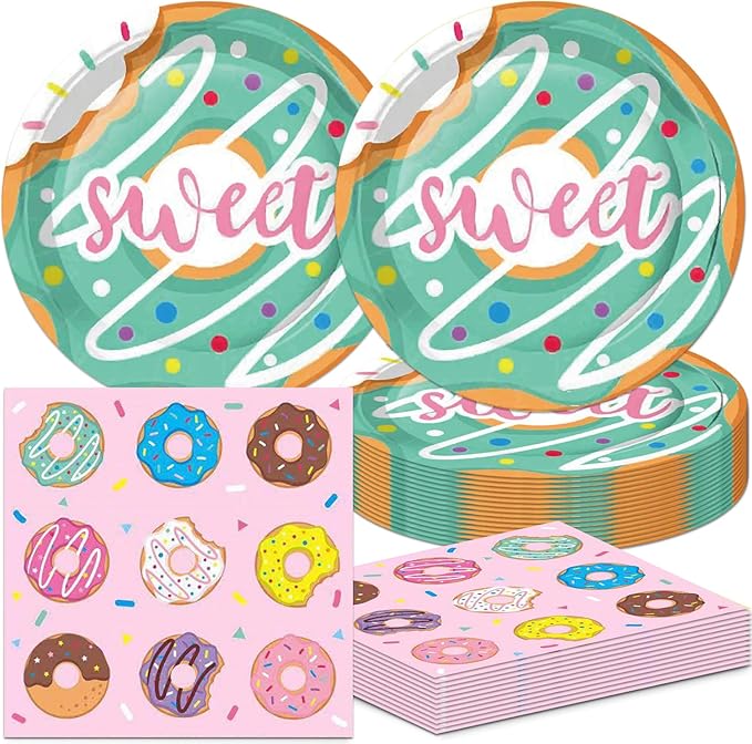 40Pcs Donut Party Decorations Pink Fake Donuts Birthday Plates and Napkins Set Party Supplies Baby Shower Donut Decorations