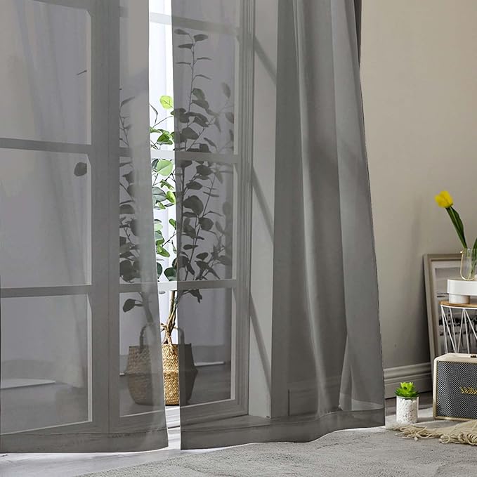 Grey Sheer Curtains for Bedroom Living Room 45 Inch Length 2 Panels, Soft Light Filtering Small Kitchen Window Curtains, Rod Pocket Short Curtain Drapes, Grey, 42" Wx45 L Inches