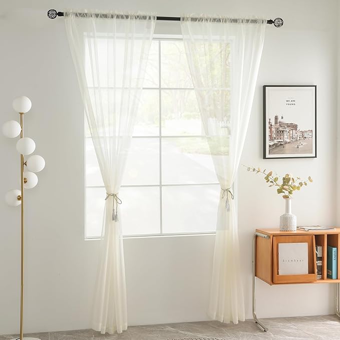 youleyar Solid Sheer Rod Pocket Curtain Voile Draperies 2 Panels White Beige Black Grey Coffee 38 Inch Width 84 Inch Long 1 Pair for Kitchen Bedroom Children Living Room Yard(Ivory,38Wｘ83L)