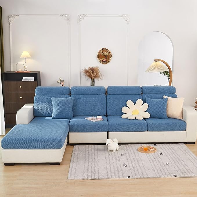 Sofa Covers Couch Covers for Sofa Pet Friendly Couch Cushion Covers Universal Sofa Covers Washable Stretch Slipcovers for Sectional Sofa (Texture Blue, 3 Seats + Chaise Cover)