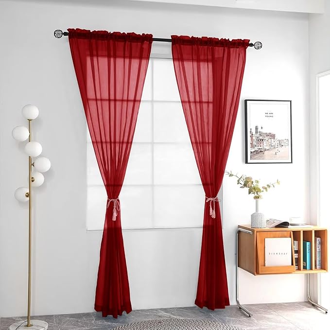 youleyar Solid Sheer Rod Pocket Curtain Voile Draperies 2 Panels White Beige Black Grey Ivory 52 Inch Width 54 Inch Long 1 Pair for Kitchen Bedroom Children Living Room Yard (Christmas Red,52Wｘ54L)