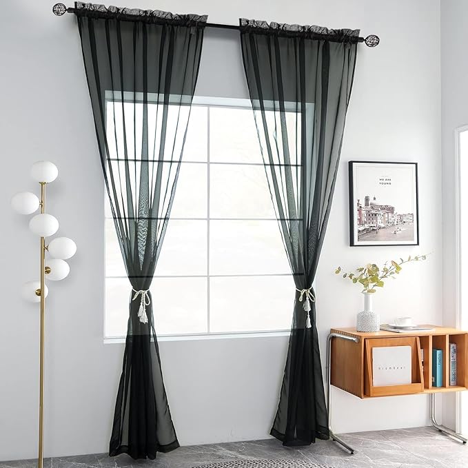 youleyar Solid Sheer Rod Pocket Curtain Voile Draperies 2 Panels White Beige Black Grey Coffee 52 Inch Width 108 Inch Long 1 Pair for Kitchen Bedroom Children Living Room Yard(Black,52Wｘ108L)