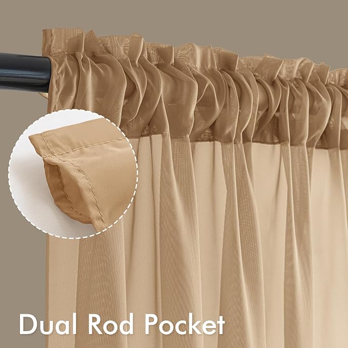 MIULEE Brown Sheer Curtains 63 Inches Long, 4 Panels Set, Rod Pocket Voile Drapes Light Filtering and Semi Transparent, Elegant Window Treatments for Bedroom Living Room,54 x 63 Inches