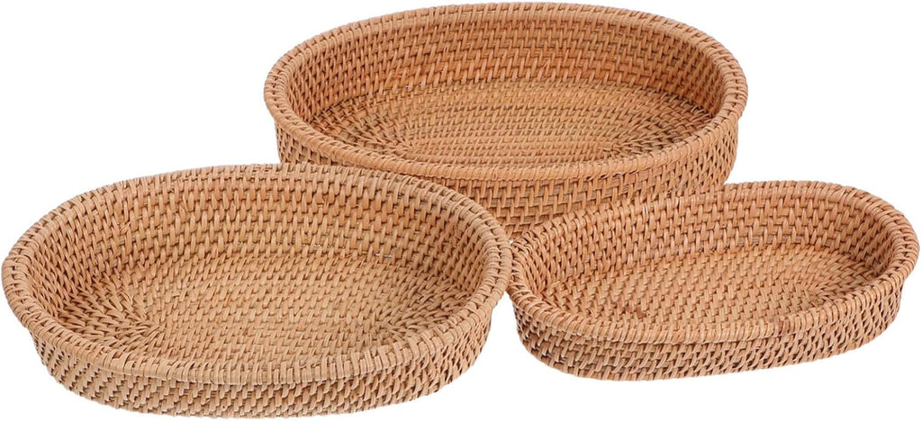 VANZACK 3pcs Oval Handmade Rattan Bread Baskets Natural Woven Fruit Tabletop Storage Bowls Compact Kitchen Organizer Tray for Snacks and Small Essentials