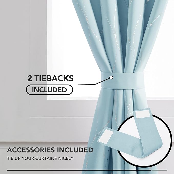 Deconovo Blackout Curtains, Thermal Insulated Soundproof Grommet Drapes, Wave Dot Foil Print, 42 x 108 Inch, Set of 2, Machine Washable Window Panel for Bedroom Living Room Nursery Kitchen, Light Blue