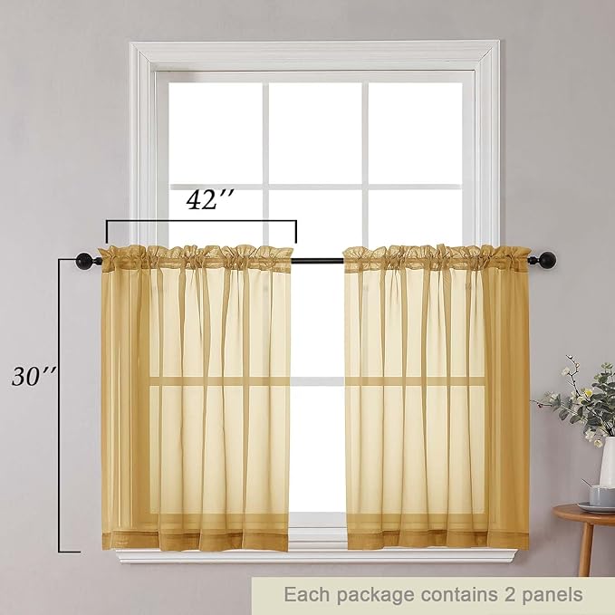 Gold Kitchen Curtains 30 Inch Length Tier 2 PCS, Solid Soft Airy Half Curtains for Windows, Gold Sheer Rod Pocket Drapes for Bathroom Basement Small Window, 42" Wx30 L Inches