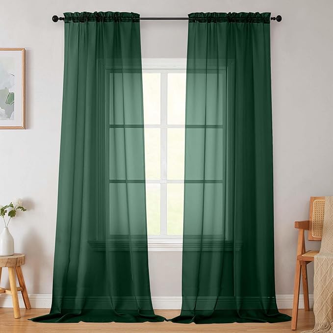 Hunter Green Sheer Curtains for Bedroom Living Room 96 Inches Long 2 Panels, Modern Airy Soft Lightweight Rod Pocket Light Filtering Sheer Curtains Drapes, Hunter Green, Each 42"Wx96"L Inch