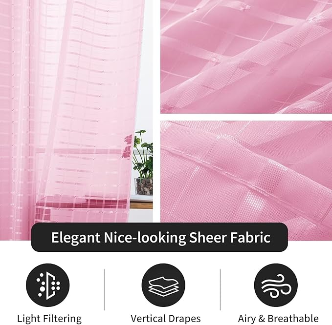 SpaceDresser Check Sheer Curtains 108 Inches 2 Panels Set, Rod Pocket Plaid Window Curtain for Living Room, Pink Semi Sheer Drapes for Kitchen Bedroom Children Room Yard（Pink, 52W x 108L）