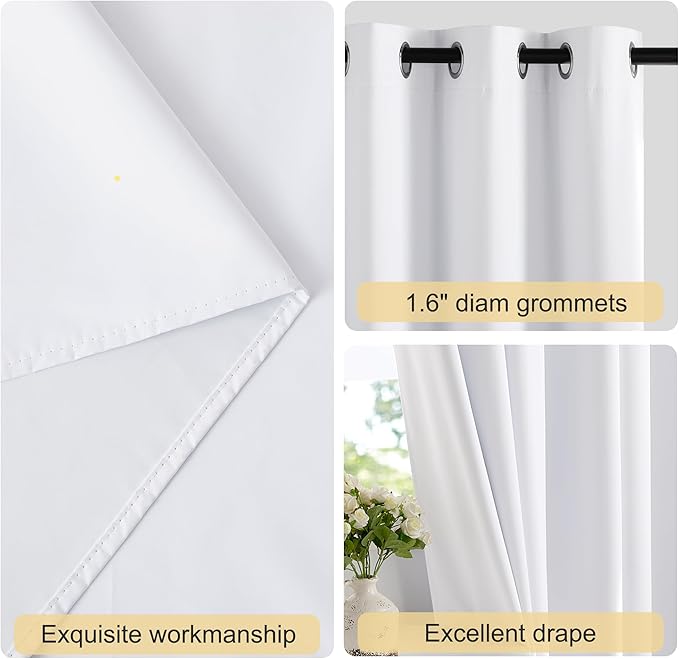NICETOWN 100% Blackout Window Curtain Panels 50" Length, Set of 2, Snow White, 42 inches Wide, Thermal Insulated Drapes for Kitchen
