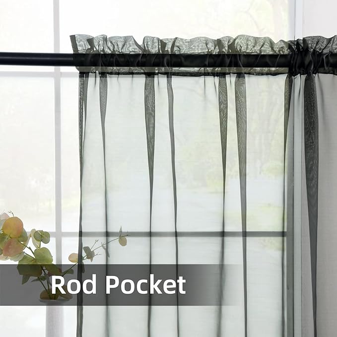 youleyar Solid Sheer Rod Pocket Curtain Voile Draperies 2 Panels White Beige Black Grey Coffee 38 Inch Width 45 Inch Long 1 Pair for Kitchen Bedroom Children Living Room Yard(Black,38Wｘ45L)