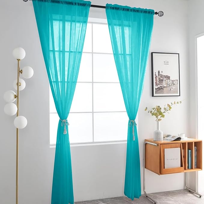SpaceDresser Sheer Voile Window Treatment Rod Pocket Curtain Panels for Kitchen Bedroom Living Room Drapes Sunlight Filtering Privacy Semi Home Decor Assorted (Peacock Blue, 52 W x 84 L)