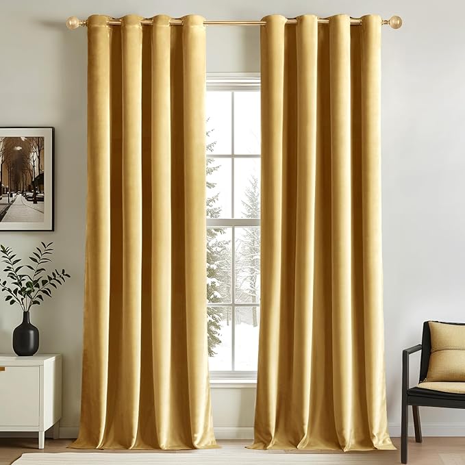 MIULEE Velvet Curtains Golden Elegant Grommet Thermal Insulated Soundproof Room Darkening Curtains/Drapes for Classical Living Room Bedroom Decor 52 x 84 Inch Set of 2