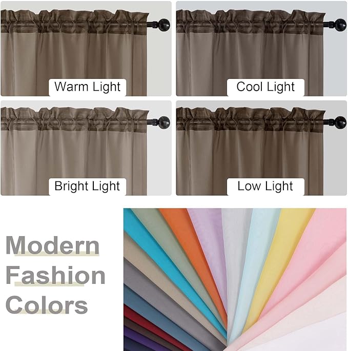 Chocolate Kitchen Curtains 30 Inch Length Tier 2 PCS, Solid Soft Airy Half Curtains for Windows, Sheer Rod Pocket Drapes for Bathroom Basement Small Window Curtain, Chocolate, 42"Wx30"L Inch