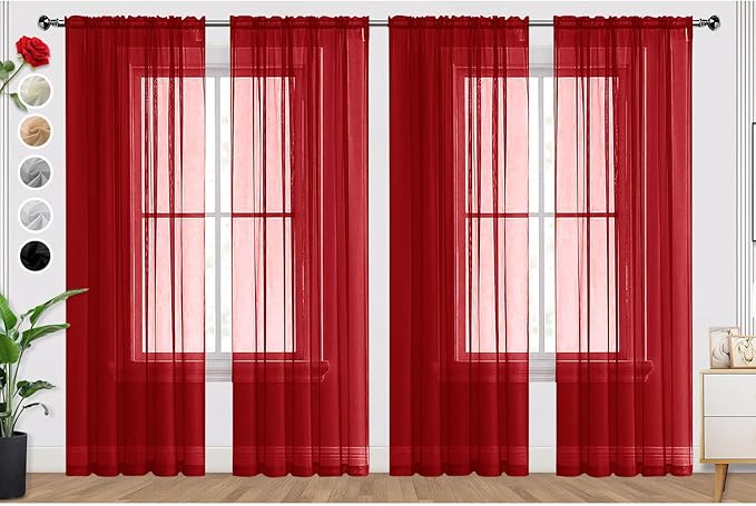 SpaceDresser Christmas Red Sheer Curtains 4 Panels Rod Pocket Semi-Sheer Curtain 63 Inches Long Light Filtering Voile Window Drapes for Bedroom Living Room Kitchen, Each 52W x 63L