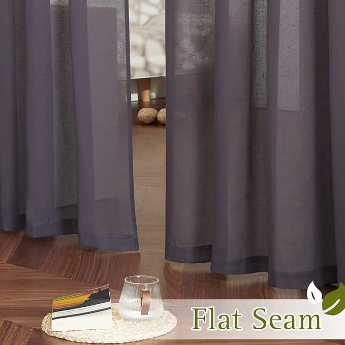 NICETOWN Flax Linen Sheer Curtains for Living Room, Grommet Vertical Semi Sheer Curtains Privacy Drapes with Light Filter for Villa/Cottage, W52 x L84, Purple Brown, 1 Pair