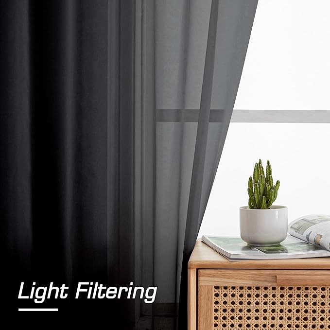 Simplebrand Black Sheer Curtains 84 Inches Long, Light Filtering Rod Pocket Solid Color Window Sheer Curtain Panels, Elegant Curtains & Drapes for Living Room, Bedroom 2 Panels (Black, 42" W x 84" L)