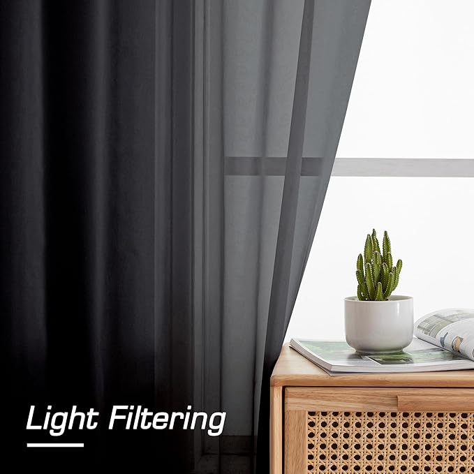 Simplebrand Black Sheer Curtains 90 Inches Long, Light Filtering Rod Pocket Solid Color Window Sheer Curtain Panels, Elegant Curtains & Drapes for Living Room, Bedroom 2 Panels (Black, 42" W x 90" L)