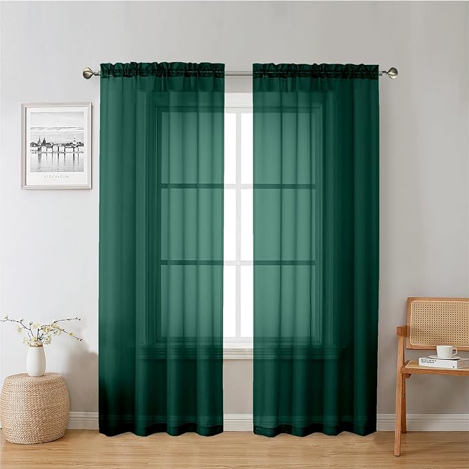 Lecloud Hunter Green Sheer Curtains 72 Inches Long 2 Panels, Rod Pocket Voile Light Filtering Curtains for Living Room, Airy Decor Drapes for French Door Bedroom, Each Panel 42 X 72 Inch